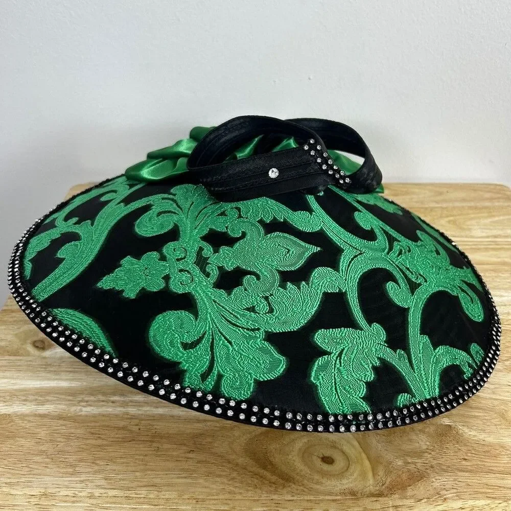 Church Derby Hat Green Black Damask Wide Brim Rhinestone Trim Satin Bow